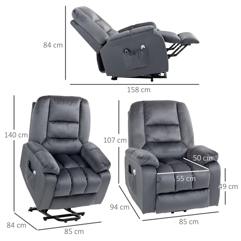 HOMCOM Massagestoel met opsta-hulp seniorenfauteuil relaxfauteuil, 8 massagepunten, 2 zijzakken, 85 cm x 94 cm x 107 cm, Grijs(m-3)