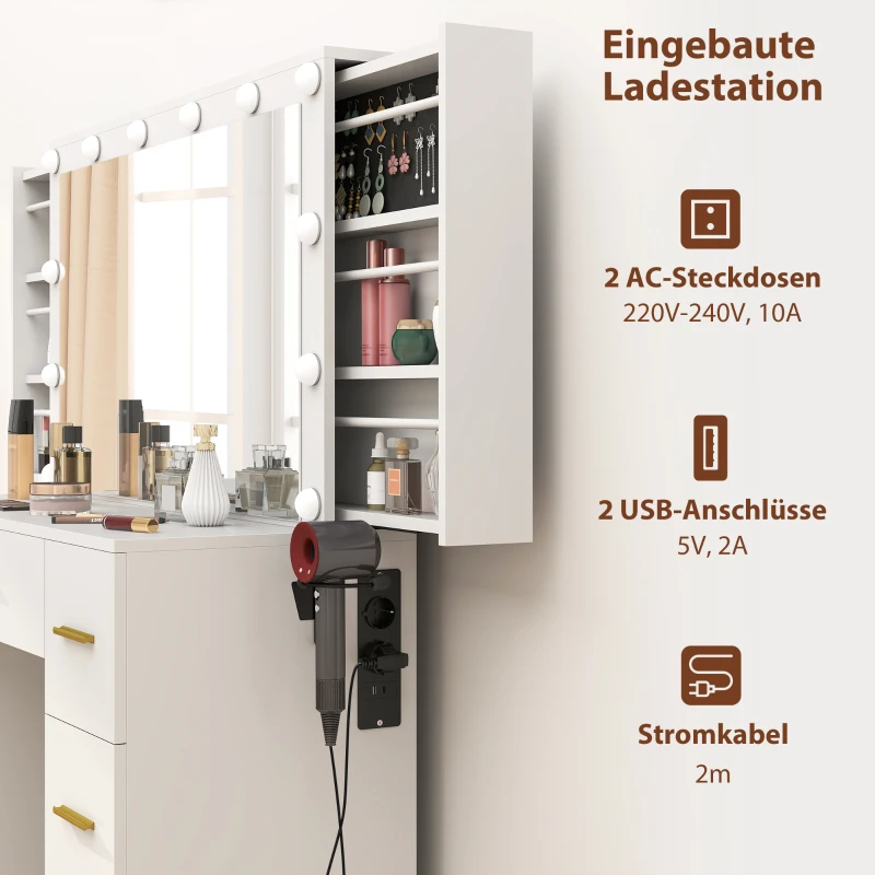 HOMCOM Kaptafel met Spiegel en 12 LED-lampen, Friseurtafel met 7 Lades, 6 Verborgen Opbergvakken, Spaanplaat, Wit(m-5)