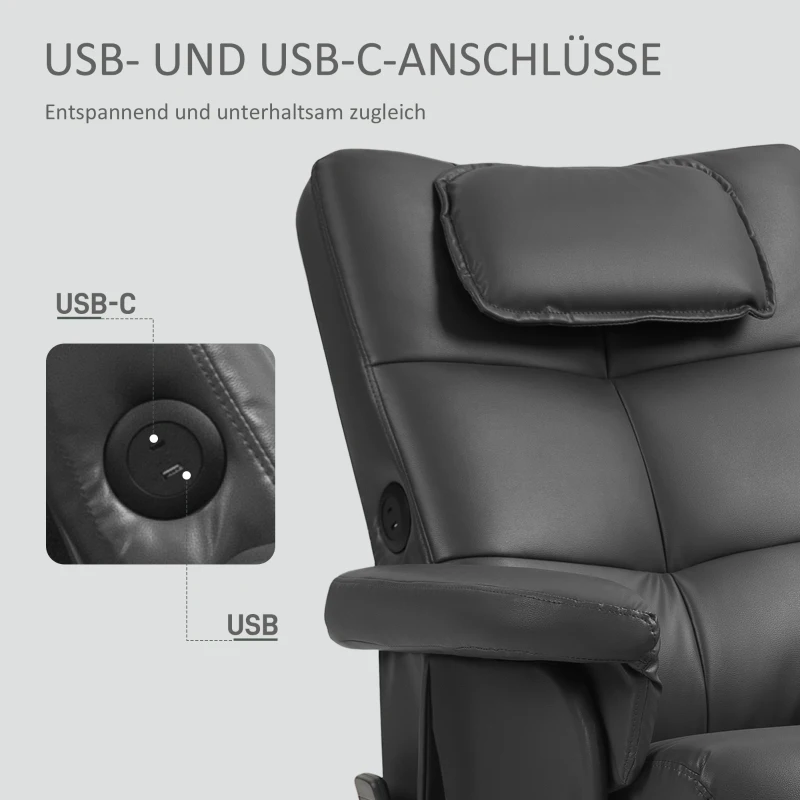 HOMCOM Relaxfauteuil met voetenbank, 360° draaibare loungestoel met kneed- en vibratiemassage, ligfunctie, massagestoel met USB- en USB-C-aansluitingen, zijvak, kunstleer zwart