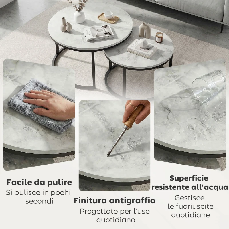 HOMCOM Set 2 Tavolini da Caffè Sovrapponibili Rotondi in Metallo e MDF Effetto Marmo, Grigio e Nero