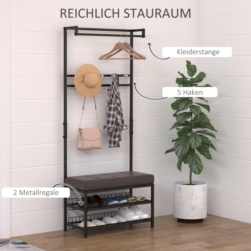 HOMCOM garderobestandaard garderobe kledingrek met zitbank schoenrenrek metaal