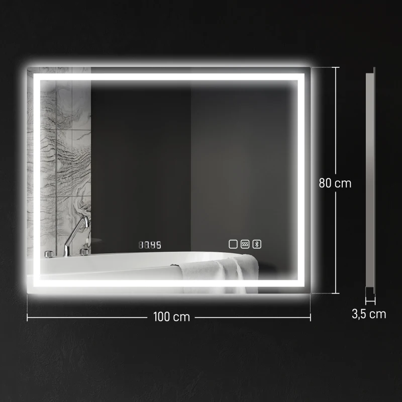 HOMCOM LED-badkamerspiegel met Bluetooth-functie, anti-condensfunctie, 3 lichtkleuren, klok, touchschakelaar, zilverkleurig