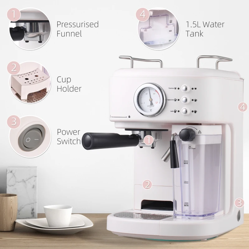 HOMCOM 5Pc Coffee Machine, Espresso & Cappuccino & Latte Maker with Milk Frothing Steamer, 1.5L Removable Water Tank, 2 Cups, 1250W