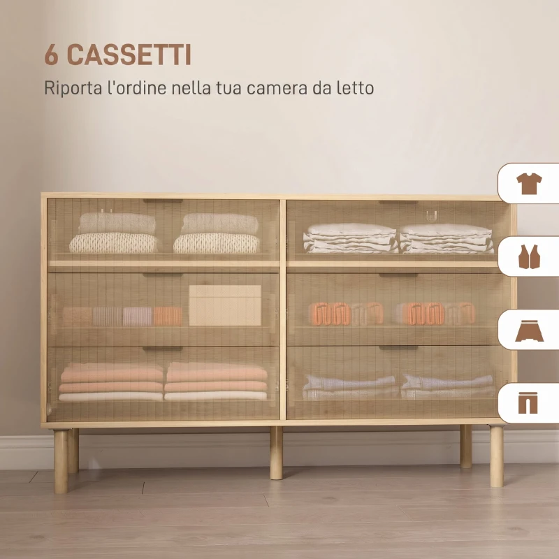 HOMCOM Cassettiera 6 Cassetti Stile Nordico in Legno per Camera e Ingresso, 120x39.5x75 cm, Rovere