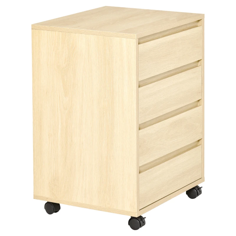 HOMCOM Cajonera de Oficina con 4 Cajones Cajonera de Escritorio con Ruedas para Estudio 46x40x65 cm Natural