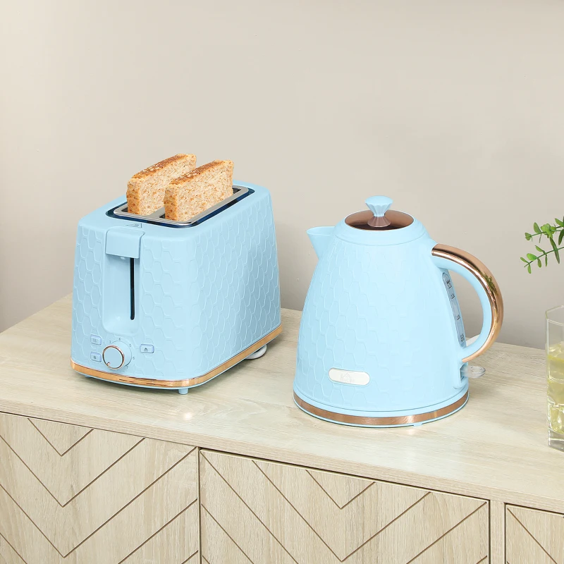 HOMCOM 1.7L 3000W Fast Boil Kettle & 2 Slice Toaster Set, Kettle and Toaster Set with Auto Shut Off, Browning Controls, Light Blue
