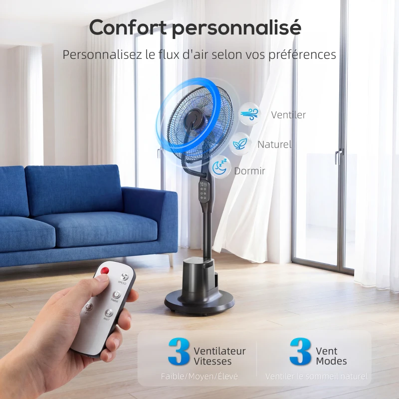 HOMCOM Ventilateur brumisateur silencieux 90W ventilateur sur pied 128cm oscillation 70° 3 vitesses 3 modes minuterie noir