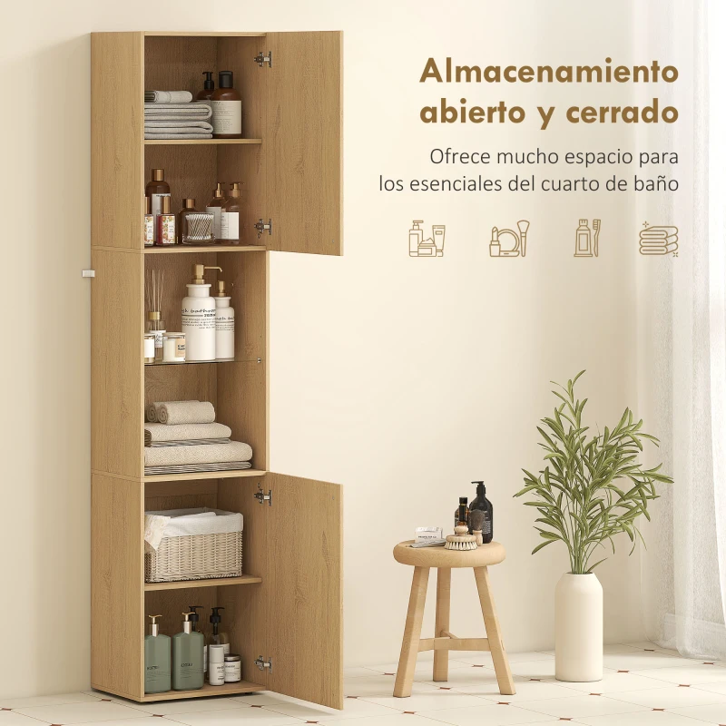 HOMCOM Armario de Baño Alto de 6 Niveles con 2 Puertas Estante de Vidrio Templado Estantes Ajustables 40x31x182 cm Roble