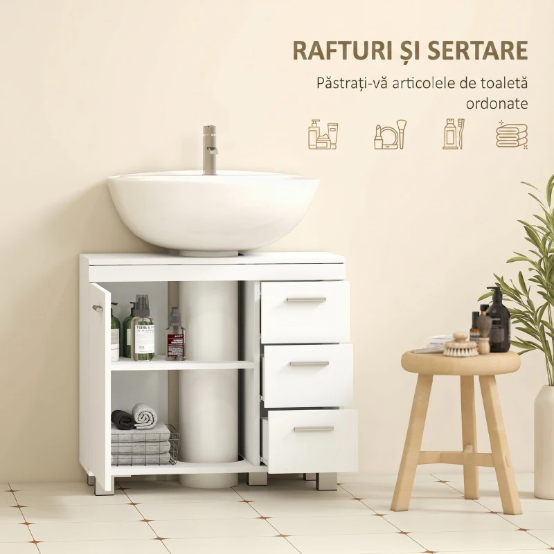 HOMCOM Dulap sub chiuvetă pentru baie cu dulăpior, rafturi și sertare, alb