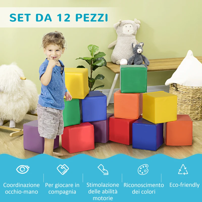 HOMCOM Set 12 Cubi Giocattolo Morbidi per Bambini 12-36 Mesi, Blocchi Schiuma per Bambini, Costruzioni Morbide in PU ed EPE, 20x20x20 cm, Multicolore