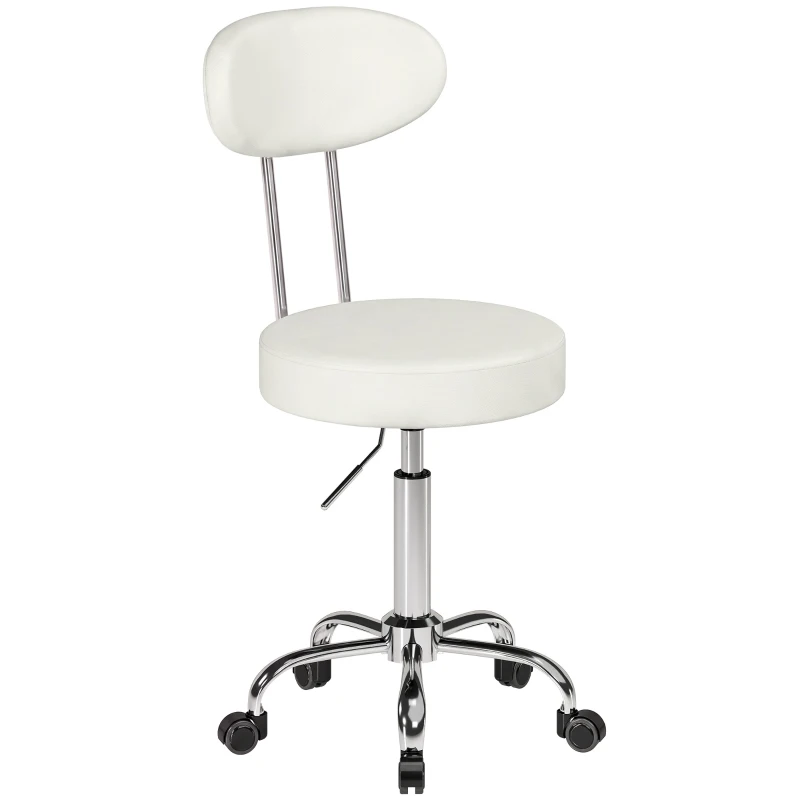 HOMCOM Tabouret à roulettes pivotant hauteur réglable en cuir synthétique avec dossier pour spa bureau tatouages Blanc