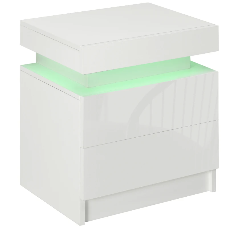 HOMCOM Table de chevet table de nuit lumière LED RVB panneau haute brillance avec 2 tiroirs pour salon chambre à coucher blanc