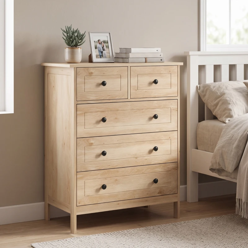 HOMCOM Commode meuble de rangement 5 tiroirs pour chambre, bureau, entrée, chêne et poignée métal noir