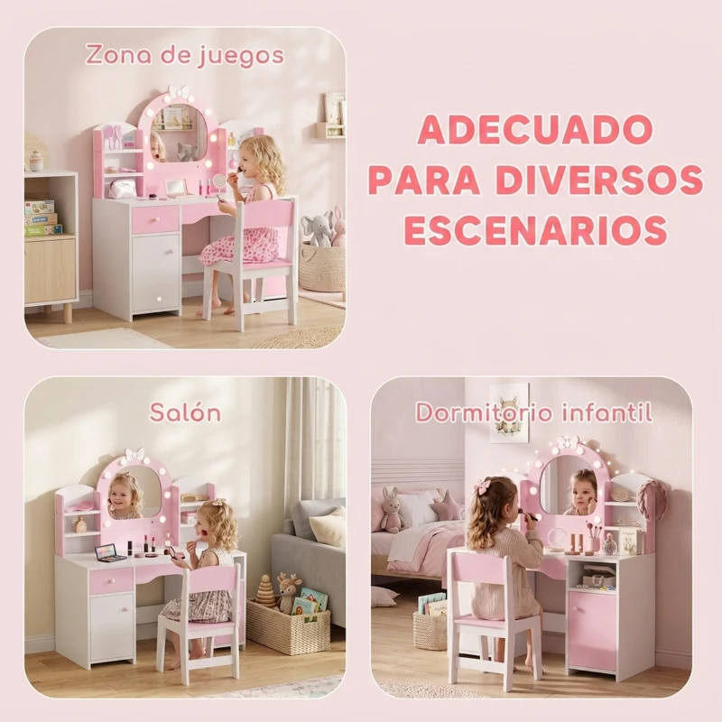 AIYAPLAY Tocador de Maquillaje Niña con Espejo de LED de 2 Colores Taburete 2 Armarios Cajón Estantes Compartimento Rosa