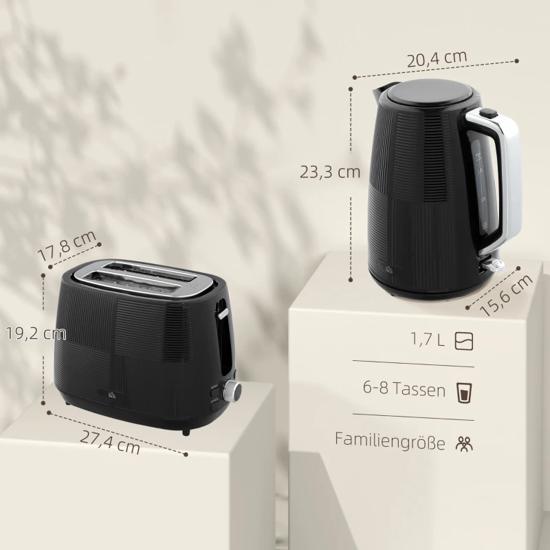 HOMCOM Waterkoker- en Toaster-Set, 1,7 L, verschillende functies, RVS, Zwart