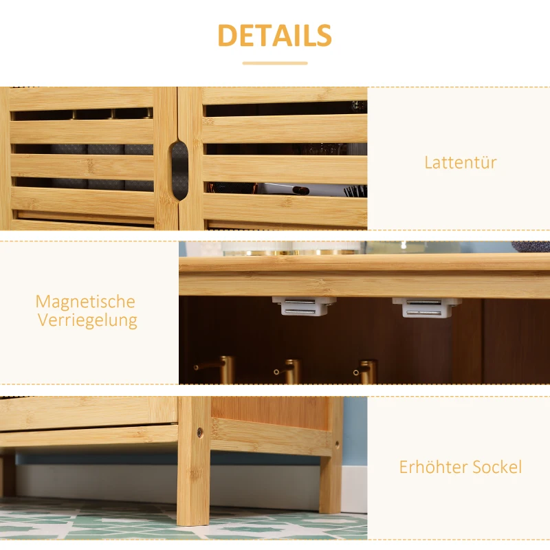 Kleankin Badkamerkast, Bamboekast met Lamellenontwerp voor Badkamer, Gang, Compacte Afmeting, Veel Opbergruimte, Natuurhout