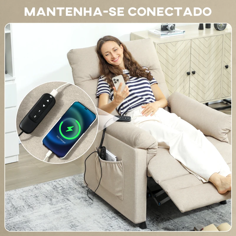 HOMCOM Poltrona Relax com Aquecimento Lombar e Massagem por Vibração Reclinável USB e Função de Memória  82x99x106 cm Bege