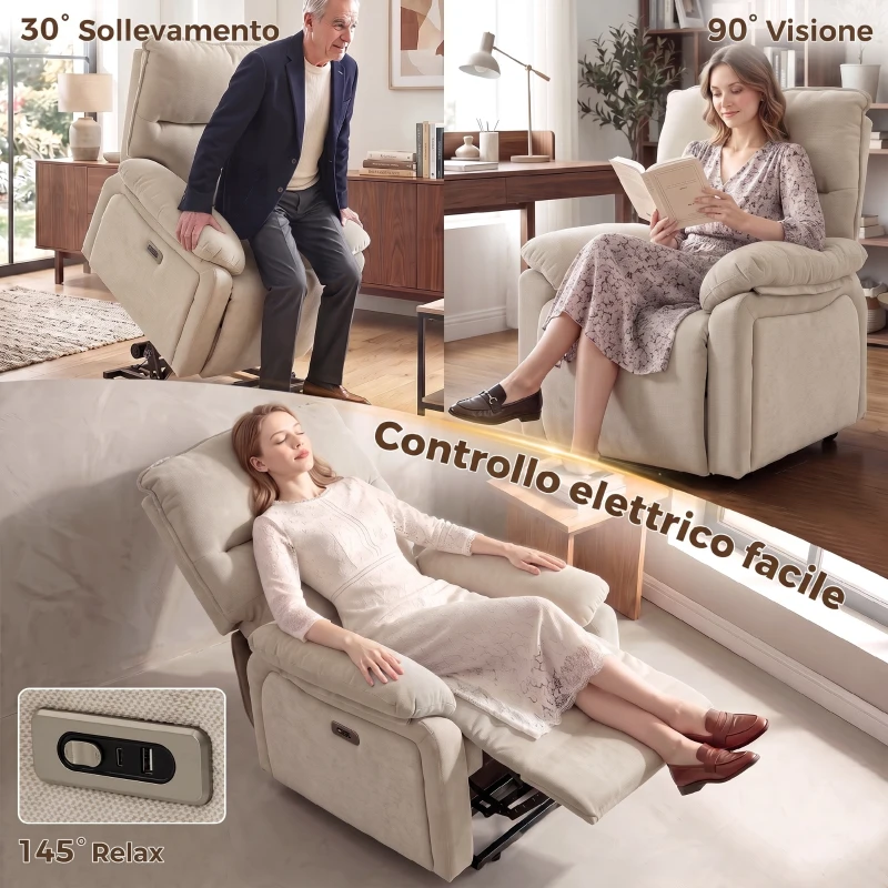 HOMCOM Poltrona Relax Alzapersona con Massaggio a 8 Punti e Riscaldamento, Telecomando, Poggiapiedi, Crema