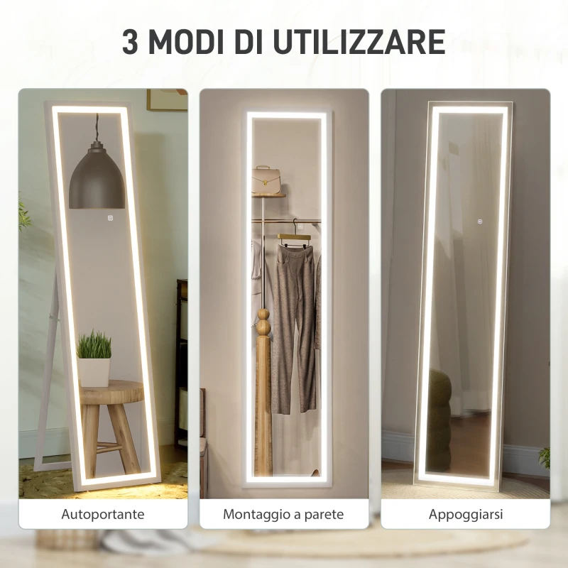 HOMCOM Specchio Illuminato con Luci LED Regolabili e Pulsante Touch, in Vetro e MDF, 40x5x160 cm, Bianco