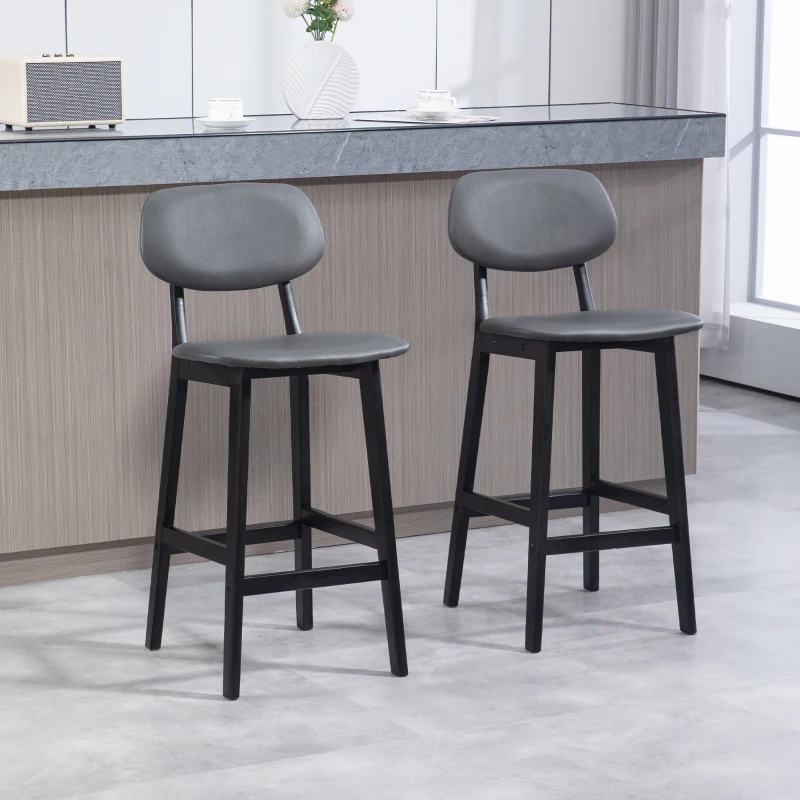 HOMCOM Bar Stools Set of 2, Contemporary Breakfast Bar Chairs, Faux Leather Upholstered Kitchen Stools with Backs and  Solid Wood Legs, Dark Grey