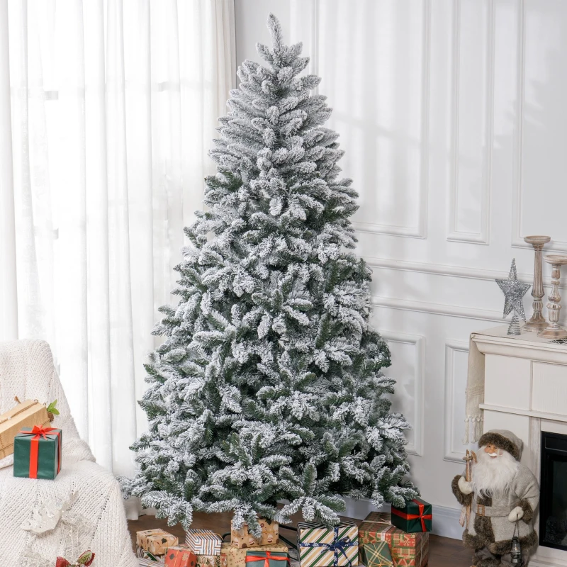 HOMCOM Árbol de Navidad Artificial Nevado 210 cm con 1021 Ramas y Soporte de Metal Árbol Navideño Nevado para Interior Verde