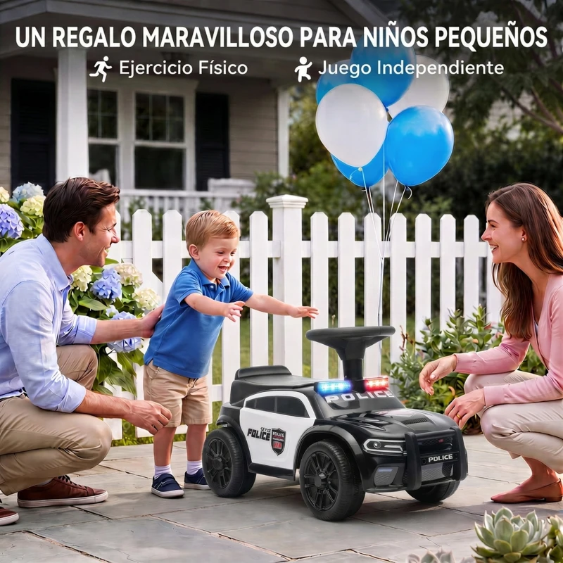 AIYAPLAY Coche Correpasillos de Policía para Niños de 18-36 Meses con Luz Música y Espacio de Almacenaje 65x29,5x36 cm Negro