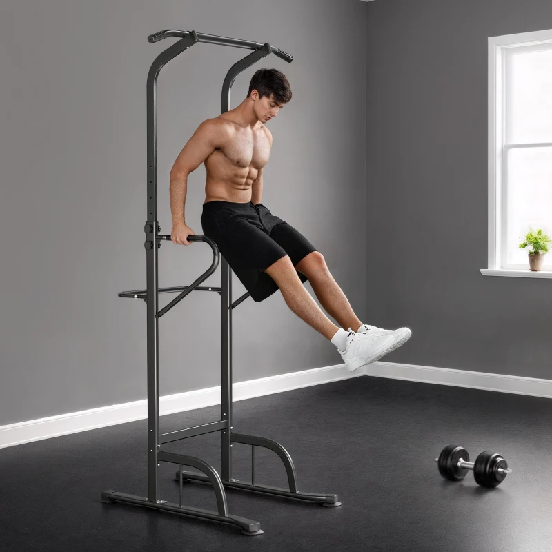 HOMCOM Power Tower Dip Station, Barre de traction, Barre de dips, Hauteur Réglable, Poignées en Forme U, 98x102x180-212cm, Noir