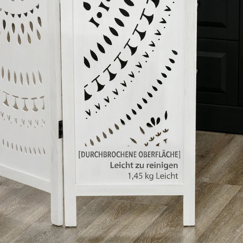 HOMCOM Biombo Dobrável de 3 Painéis de Madeira 120x170 cm Biombo Separador de Ambientes com Padrões Gravados Elegantes Branco