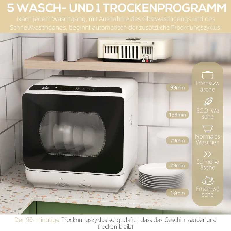 HOMCOM Compacte tafelvaatwasser, 4 couverts, droogmodus, 6L tank/kraan, startvertraging, LED, wit