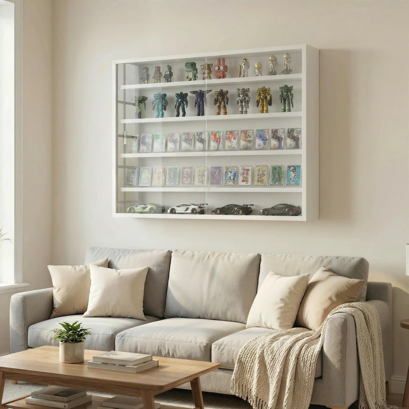 HOMCOM Vitrine de Parede com Prateleiras Ajustáveis e 2 Portas Corredeiras de Vidro para Coleções 80x9,5x60 cm Branco