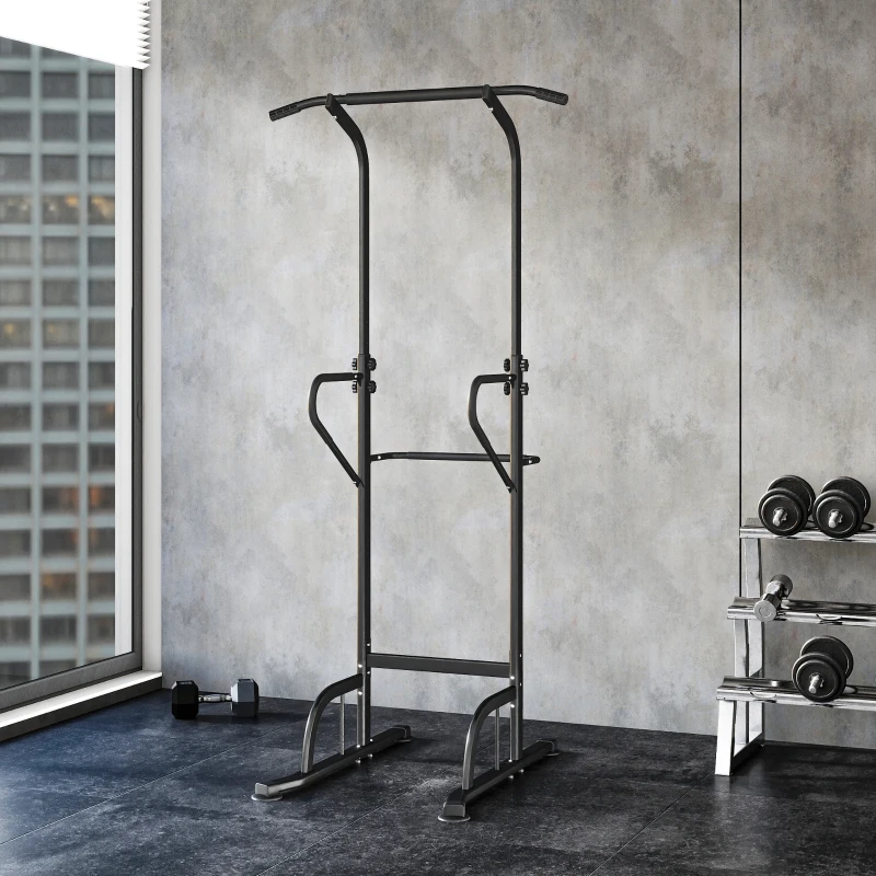 HOMCOM Power Tower Dip Station, Barre de traction, Barre de dips, Hauteur Réglable, Poignées en Forme U, 98x102x180-212cm, Noir