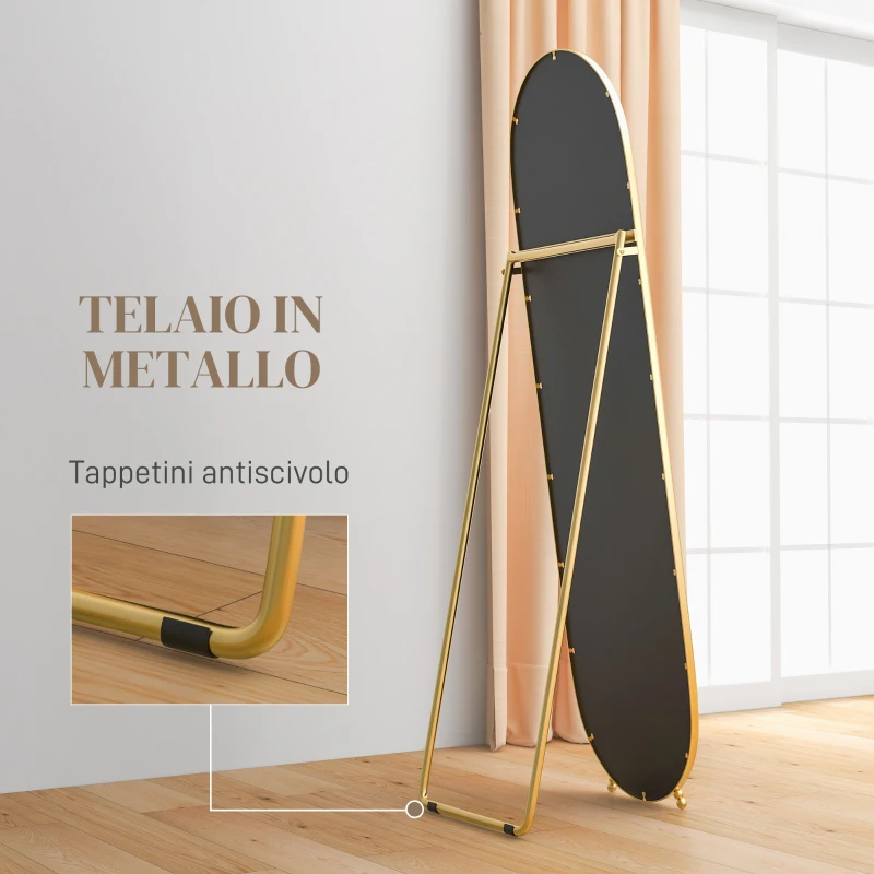 HOMCOM Specchio Verticale Ovale da Terra con Supporto, in Vetro e Metallo, 40x41x159 cm, Tonalità Oro
