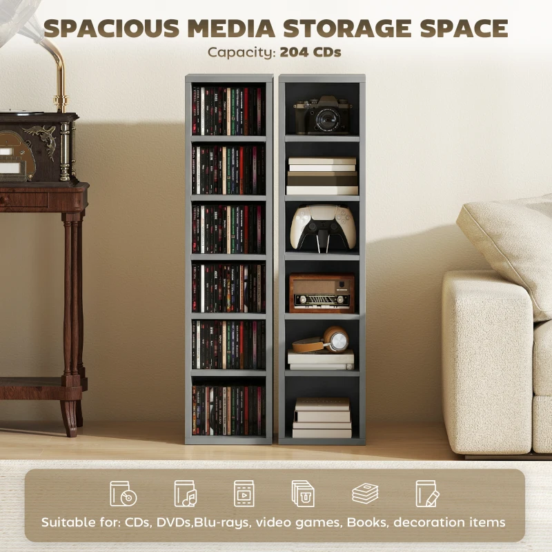 HOMCOM Set of 2 CD Media Display Shelf Unit Tower Rack with Adjustable Shelves, Light Grey