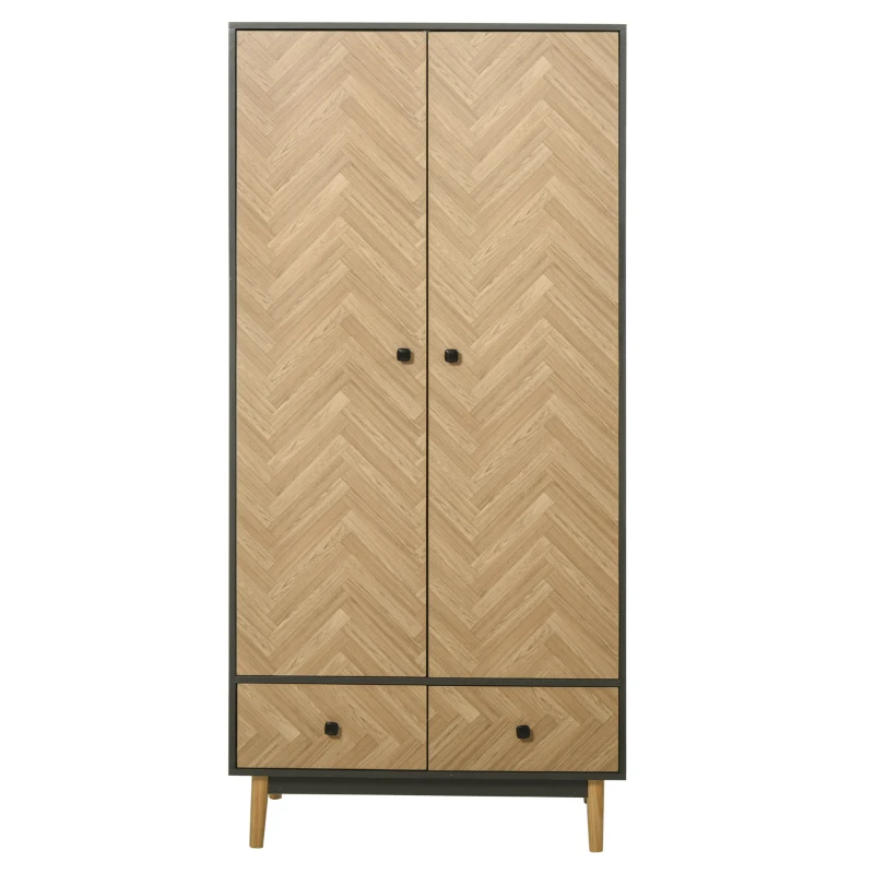 HOMCOM Modern Wardrobe Cabinet Wood-Effect Sticker Surface with 2 Hanging Rods, 2 Storage Shelves and 2 Drawers, 90 x 50 x 190 cm, Dark Grey