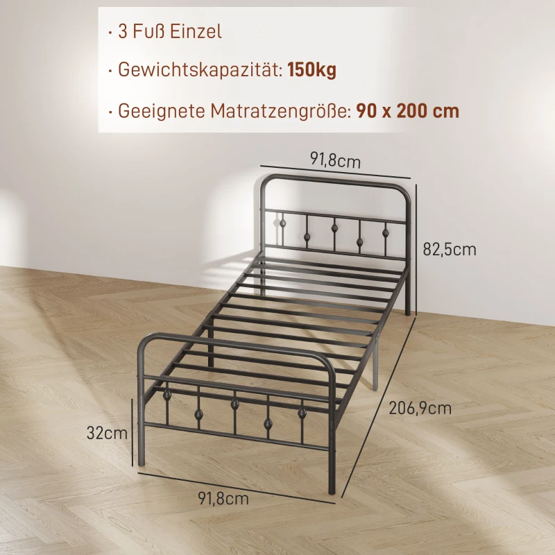 HOMCOM Metalen eenpersoonsbedframe, Eenvoudige Montage, met Geluidsreducerende Rubberen Kits, Zwart
