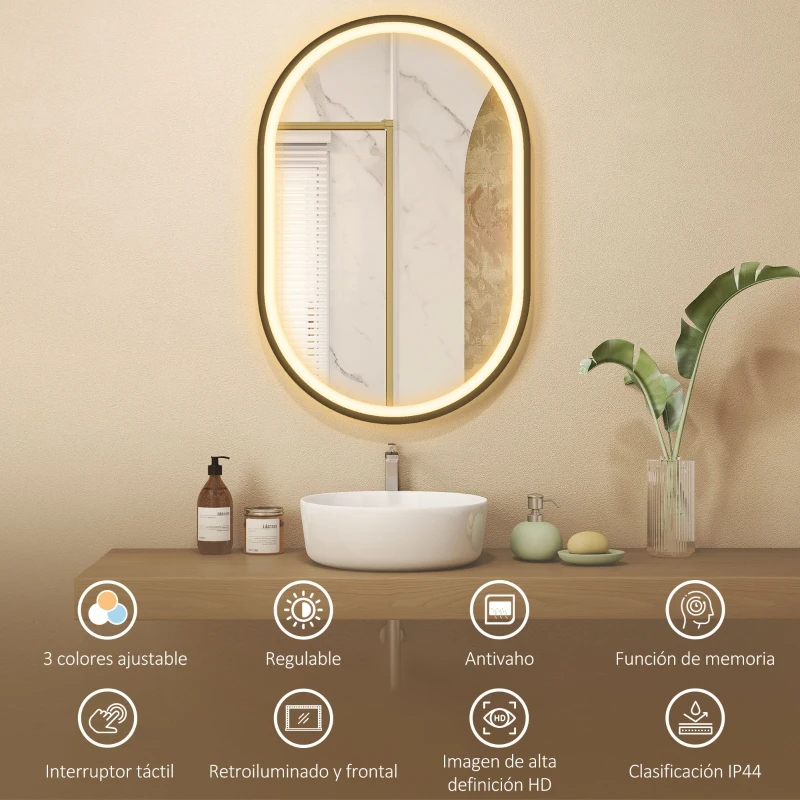 HOMCOM Espejo de Baño con Luz 60x90 cm Espejo de Pared Ovalado 3 Colores de Luz Brillo Regulable Función Antivaho Negro