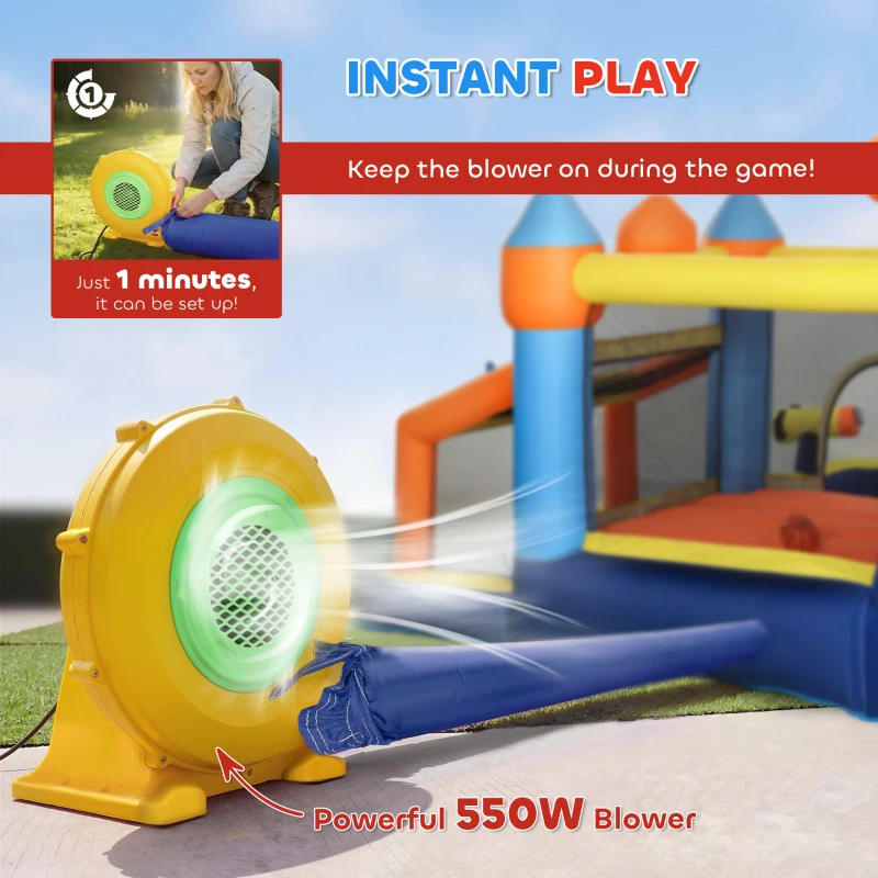 AIYAPLAY Bouncy Castle for Kids, Inflatable Bounce House with Long Slide, Splash Pool and 550W Blower for Indoor Outdoor