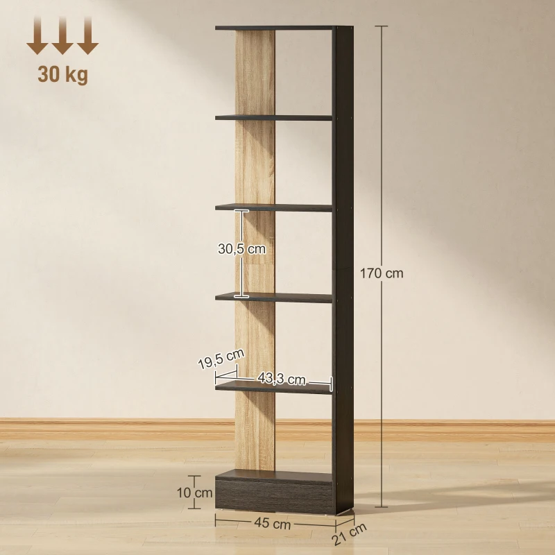 HOMCOM Estantería de 5 Niveles Librería Estrecha para Espacios Pequeños 45x21x170 cm Negro y Roble