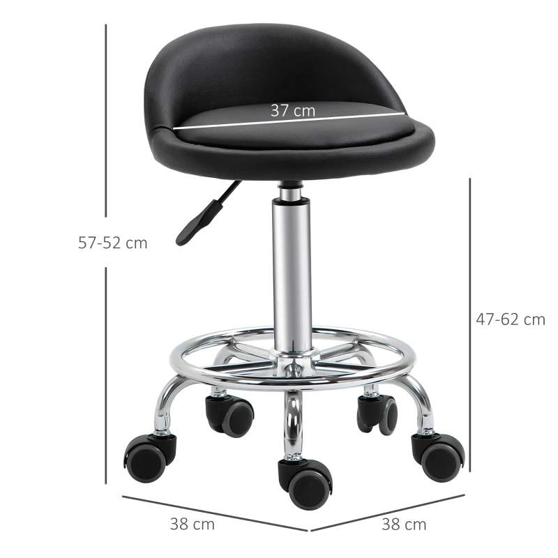 HOMCOM Verrijdbare kruk met rugleuning 57-72 cm hoogte verstelbaar draaikruk voor kantoor salon massage