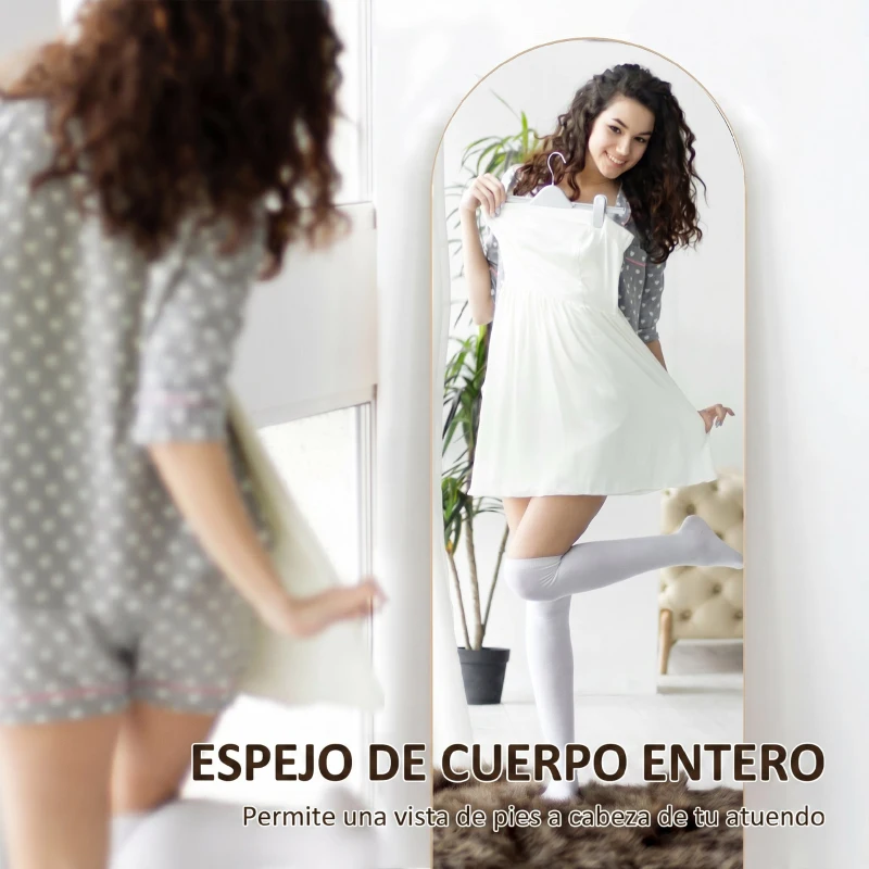 HOMCOM Espejo de Pie Cuerpo Entero Arqueado 150x50 cm Independiente Apoyado y de Pared Sin Marco Dorado