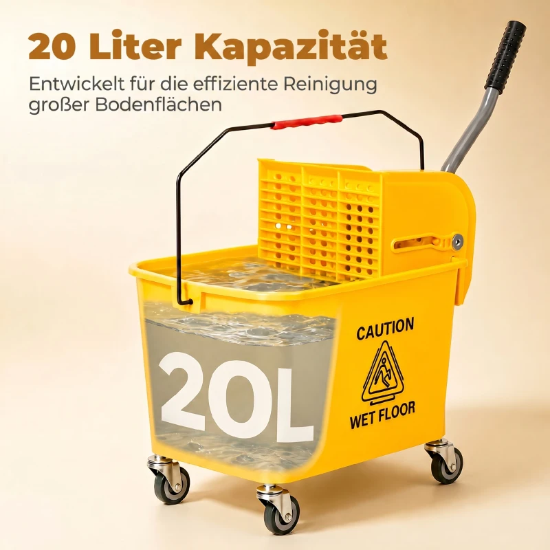 HOMCOM Schoonmaakwagen, verrijdbare emmer, schoonmaakemmer, 20 liter dweilwagen met pers, 2 bakken, geel