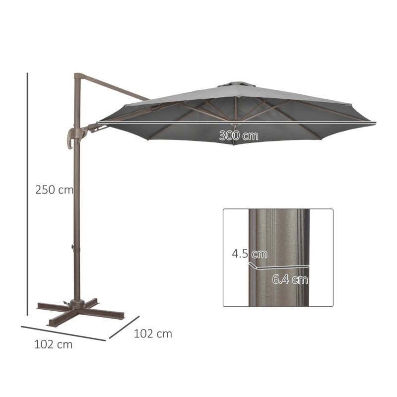 Outsunny 3(m) Cantilever Parasol with 360° Rotation Roma Umbrella, Hanging Sun Shade with Aluminium Frame, Tilt Crank, 8 Ribs and Cross Base, Dark Grey