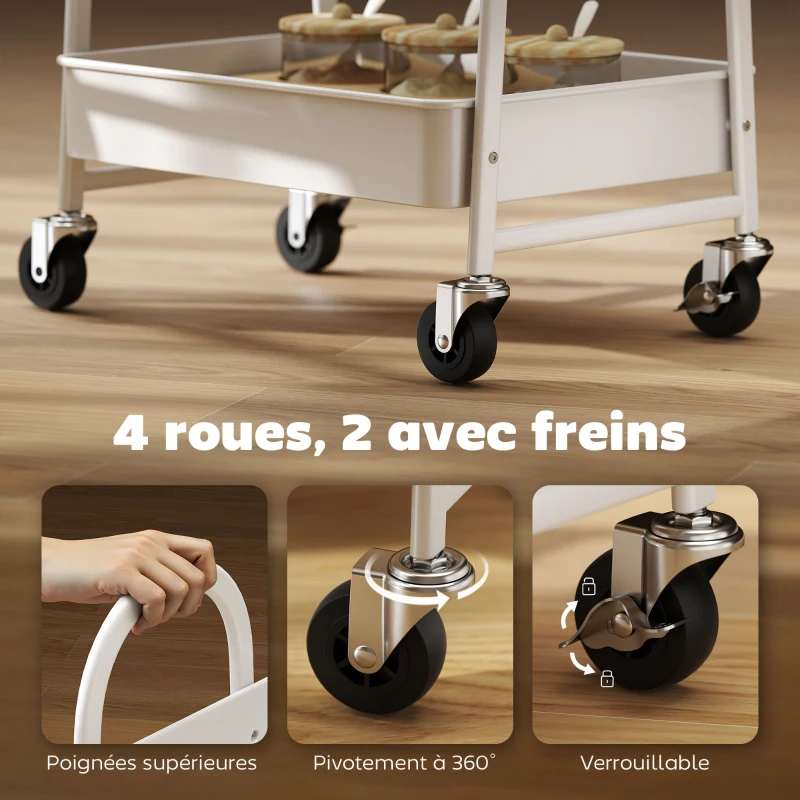 HOMCOM Desserte cuisine, chariot de service à 3 niveaux, plateau supérieur, paniers, poignées, 45 x 32 x 77,5 cm chêne