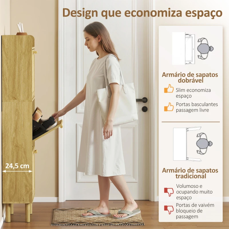 HOMCOM Sapateira com 3 Gavetas Rebatíveis e Prateleira Aberta para 12-18 Pares de Sapatos 65x24,5x153 cm Carvalho