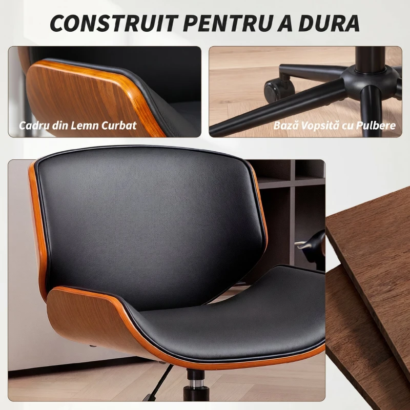 HOMCOM Scaun Birou Rotativ, Altezza Reglabil, In Piele Pu E Lemn Curbat