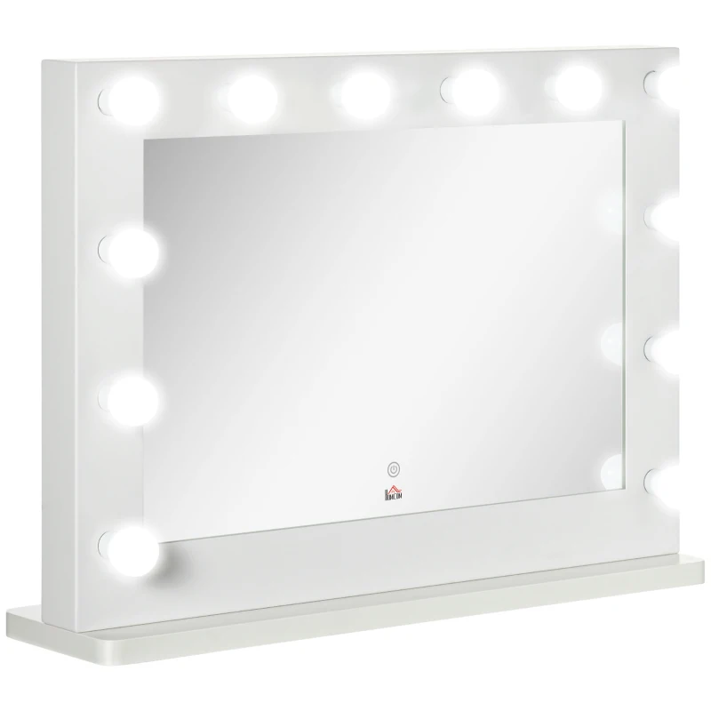HOMCOM Hollywoodspiegel met verlichting, aanraakbediening, geheugenfunctie, 12 dimbare LED-lampen, wit, 80 x 60 cm