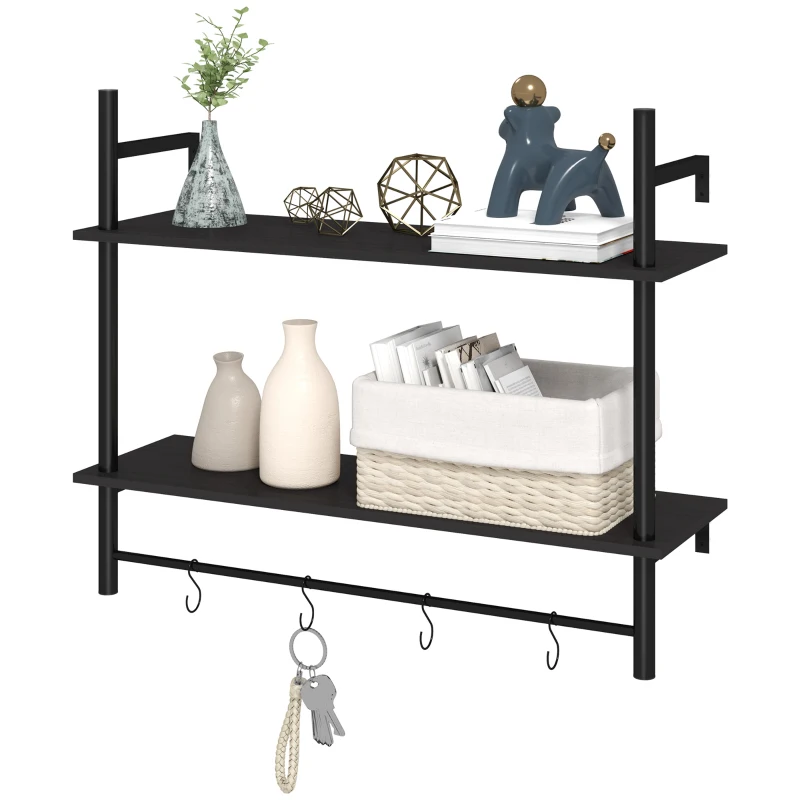 HOMCOM Estante de Parede de 2 Níveis Estante Suspensa com 4 Ganchos 2 Prateleiras e Estrutura de Metal 80x24x65 cm Preto