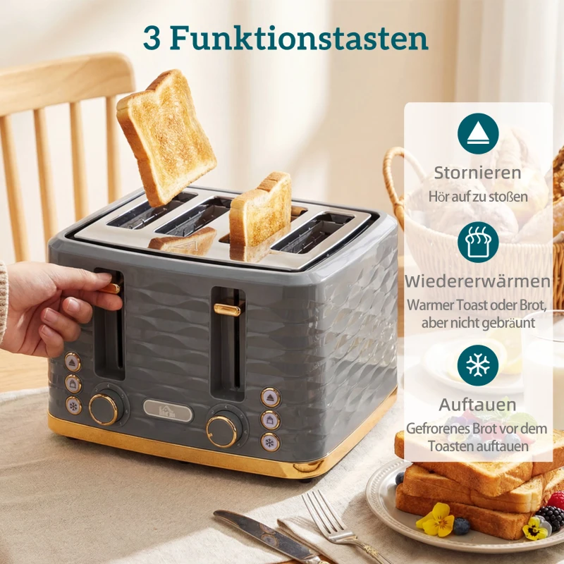 HOMCOM Broodrooster voor 4 sneetjes met 7 bruiningsstanden, High-Lift, opwarm-/ontdooien-/stopfunctie, grijze gegolfde look