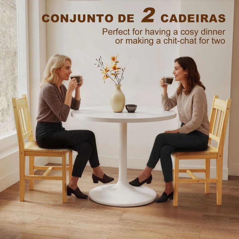 HOMCOM Conjunto de 2 Cadeiras de Sala de Jantar com Encosto de Ripas Estrutura de Madeira de Pinho 41x46,5x85,5 cm Madeira