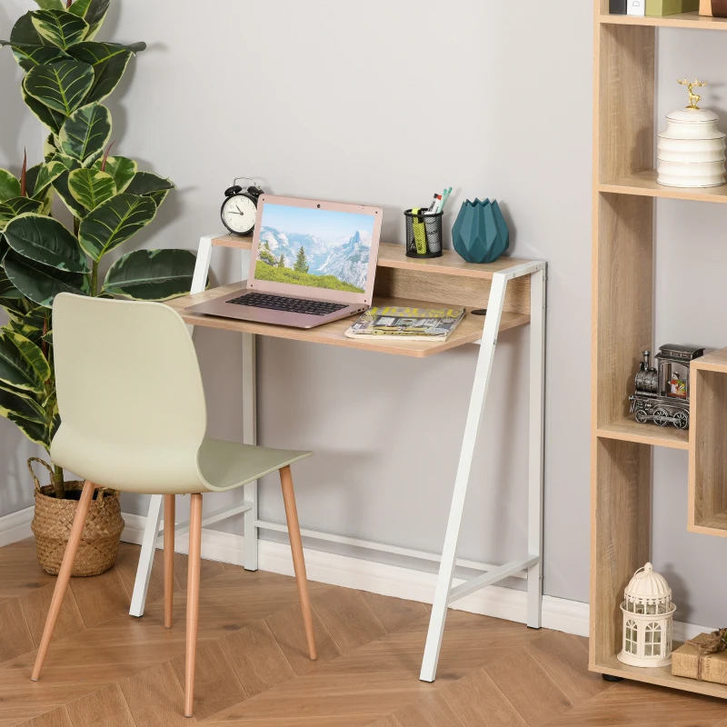 HOMCOM bureau, computertafel, bureau, werktafel met kabeldoorvoer, lade, MDF metaal wit + eik 84 x 45 x 85 cm